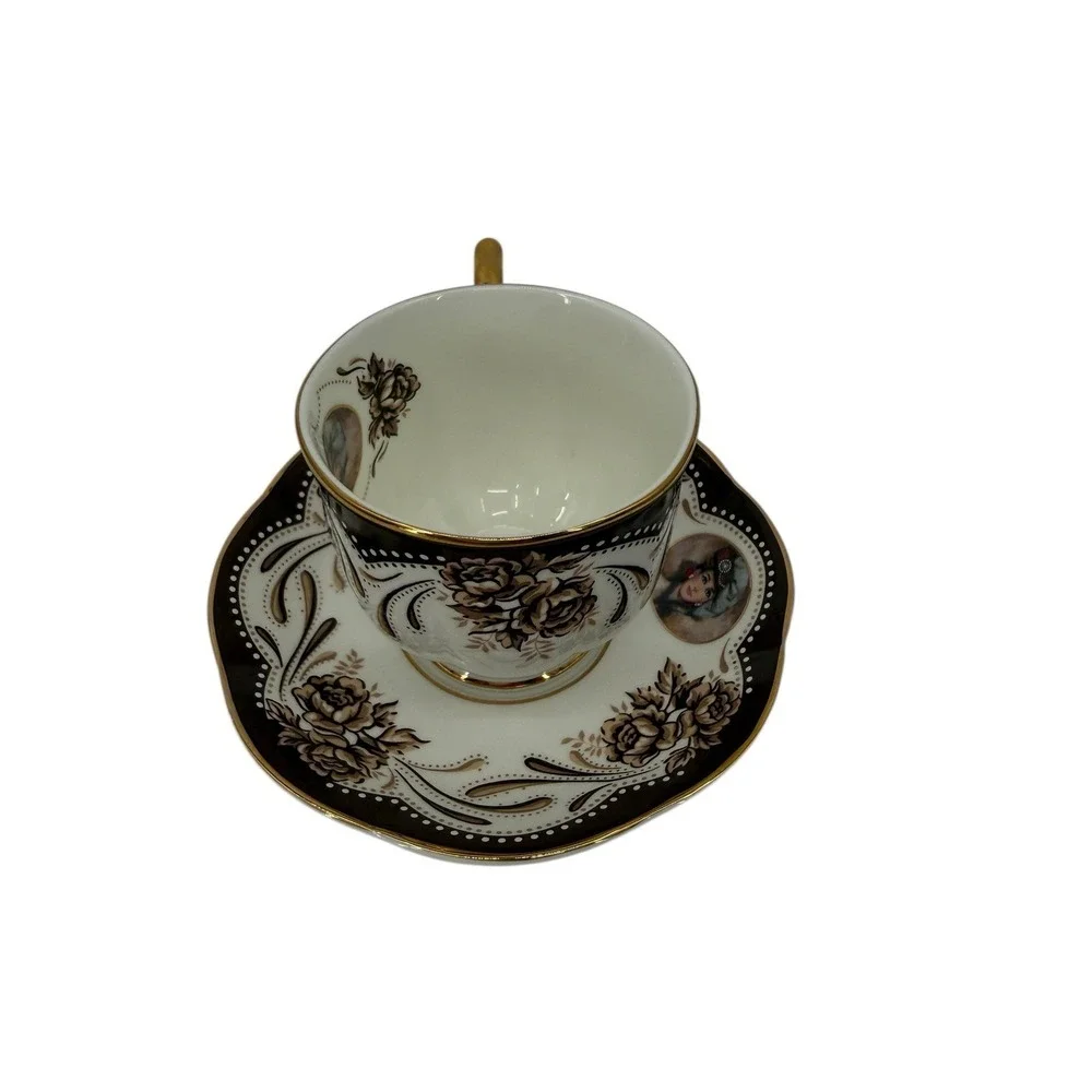 Avon Honor‎ Society 1999 Teacup Saucer Black Gold Floral Victorian Lady Set